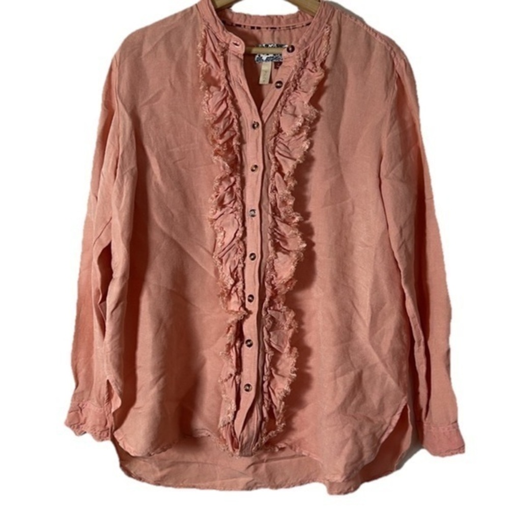 Anthropologie Pilcro & The Letterpress Peach Ruffled ButtonUp Linen Blouse Sz. M